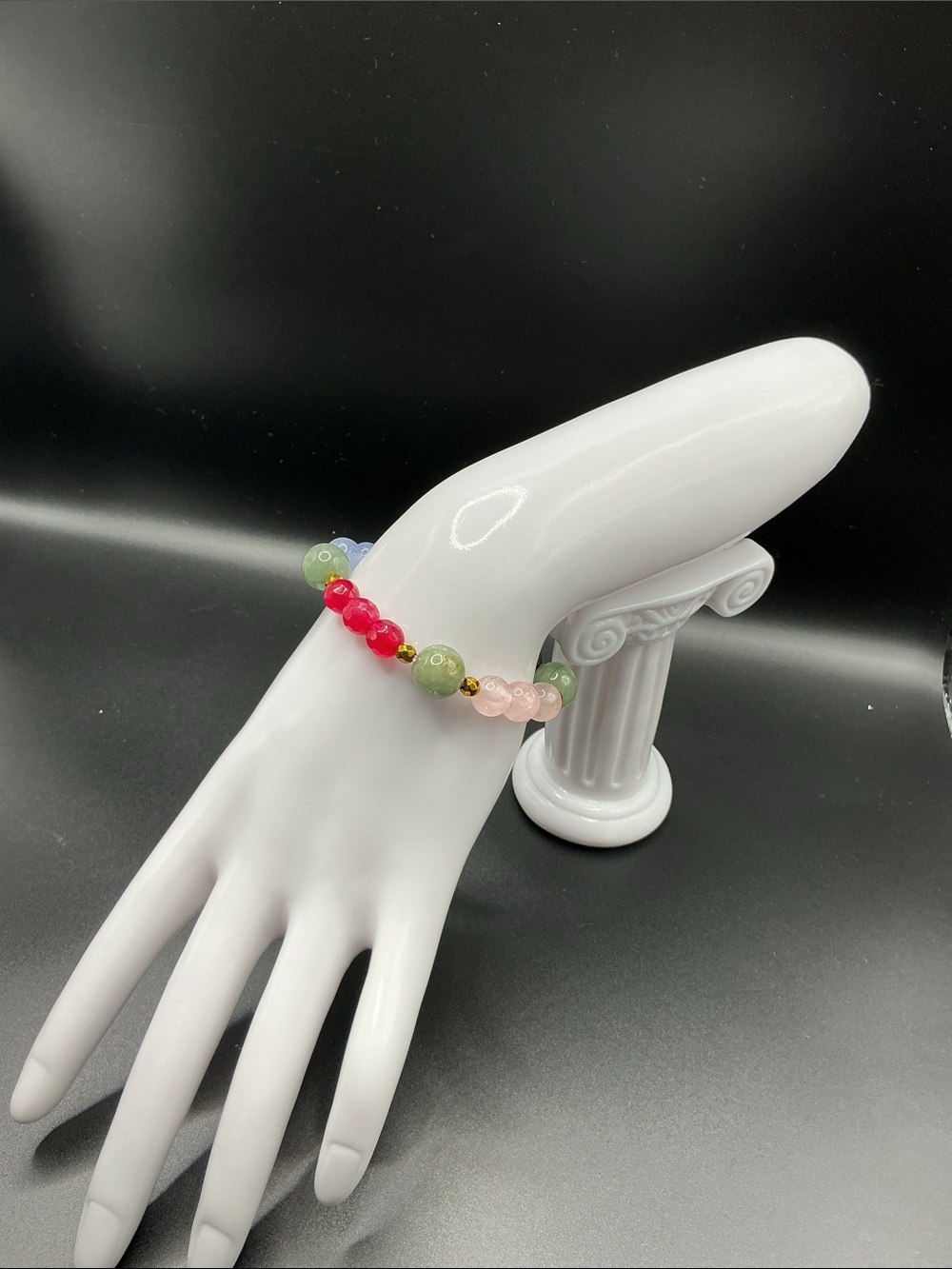Multi-Color Beaded Stretch Bracelet Emerald, Rose Quartz, Aquamarine, Red Garnet